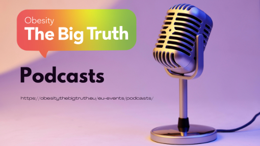 Microphone against a gradient background with text overlay: "Obesity The Big Truth Podcasts" and a URL.